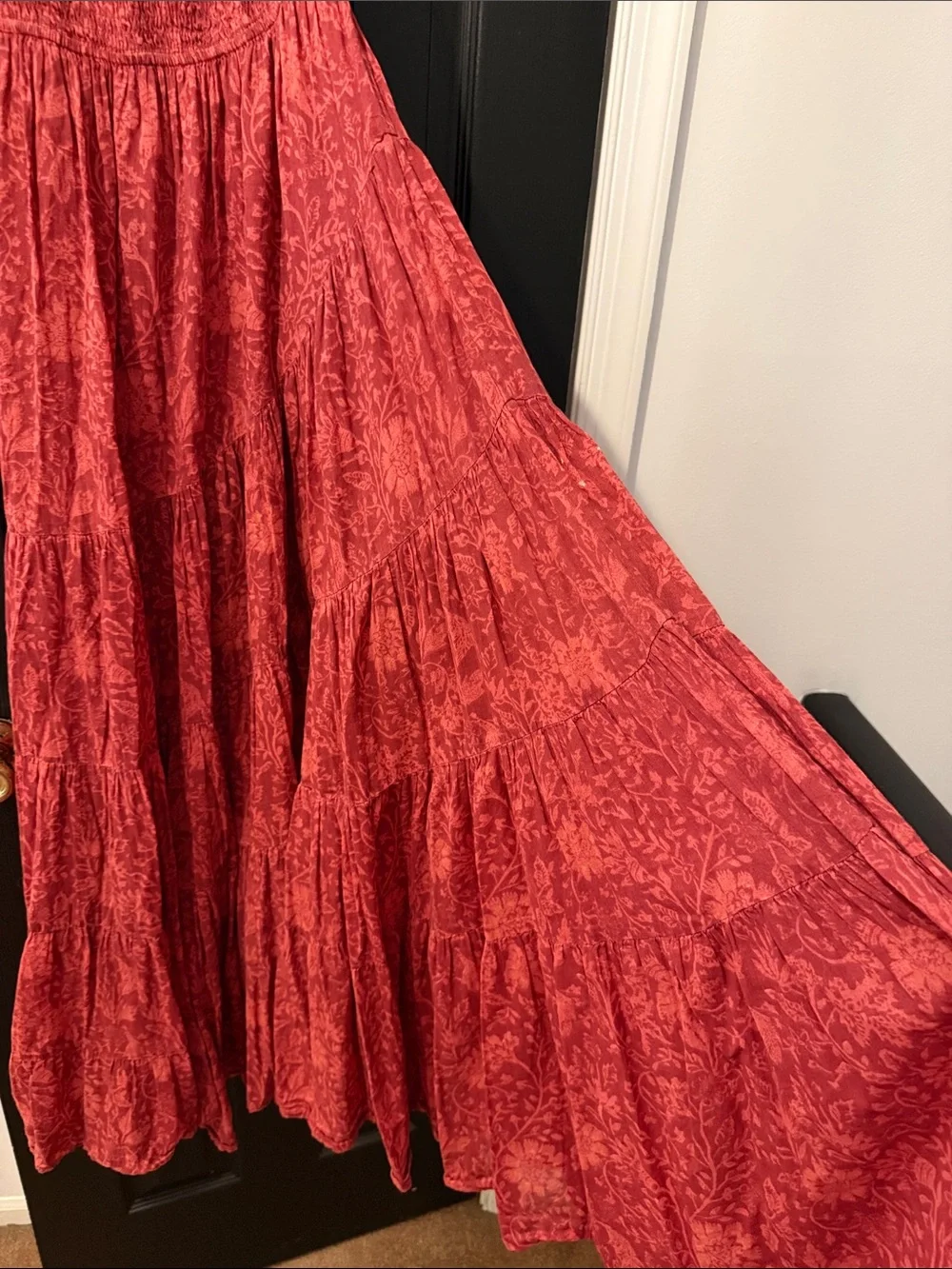 Free People Red Floral Tiered Maxi with Smocked Waist and Spaghetti Straps